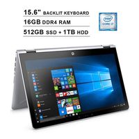 HP Pavilion x360 15.6 Inch FHD 1080P 2-in-1 Touchscreen Laptop - Intel 4-Core i7-8550U?up to 4.0 GHz, AMD Radeon 530 2GB, 16GB RAM, 512GB SSD (Boot) + 1TB HDD, Backlit KB, WiFi, HDMI, Win10, Sliver