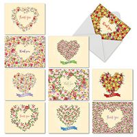 The Best Card Company, Heartfelt Thanks - 10 Assorted Gratitude Cards (4 x 5.12 Inch) - Flower Thank You Note Cards for Women M6578TYG