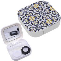 Portable Contact Lens Case Box Travel Kit Mirror + Bottle + Tweezers Container Holder [ Mexican Tiles Blue ]