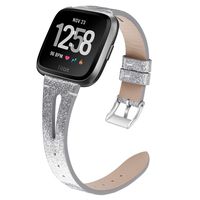 Shangpule Compatible with Fitbit Versa/Versa 2/Versa Lite Edition Bands, Genuine Leather Shiny Bling Replacement Strap Wristband for Versa Smart Watch Women Men Large Small (Shiny Silver)