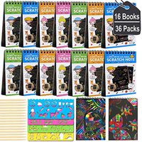 POKONBOY 16PCS Scratch Arts and Crafts Notebooks, Scratch Note Pads for Kids Rainbow Party Favors with 16 Wooden Stylus and 4 Drawing Stencils, Coloring Books for Kids Art Party Supplies Age 4-12