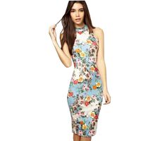 NEARTIME Womens Dress, Floral Printed Cheongsam Design Casual Mini Pencil Dress (S, Blue)