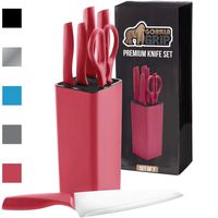 Gorilla Grip Original Premium Knife Block 7 Piece Set, Stainless Steel Blades, Includes Durable Kitchen Knives, Scissors and Stylish Block, Cutlery for Home Chef and Professional Cutting Needs, Red