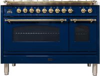 Ilve UPN120FDMPBL Nostalgie Series 48 Inch Dual Fuel Convection Freestanding Range, 7 Sealed Brass Burners, 5 cu.ft. Total Oven Capacity in Blue, Brass Trim (Natural Gas)