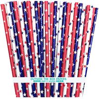 Red White and Blue Paper Drinking Straws - Baseball Theme- Patriotic Star Theme - 150 Pack - Outside the Box Papers Brand