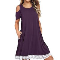 Womens Short Sleeve Cold Shoulder T Shirt Dresses with Pockets Floral Lace Swing Dress Loose Party Dresses Purple
