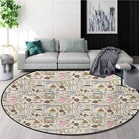 Modern Non-Slip Area Rug Pad Round,Coffee Time Vintage Espresso Machine Cupcakes Beans Cute Design Protect Floors While Securing Rug Making Vacuuming,Diameter-51 Inch Beige Pale Pink And Umber