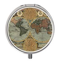 Pill Case Pocket, Round Stainless Medicine Tablet Pill case for Man Small，Compact 3 Compartment Pill Box for Travelling -World map