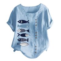 Amlaiworld Women Casual Plus Size Blouse Summer O-Neck Printed T Shirt Loose Button Tunic Shirt Tops Blue