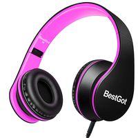 BestGot Wired Kids Headphones for Kids Boys Adult with Microphone in-line Volume Included Cloth Bag Foldable Headset with 3.5mm Plug Removable Cord (Black/Pink)