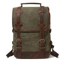 Sunsomen Men's Leather Waxed Canvas Vintage Laptop Backpack Campus Bag College Style Travel Rucksack Camping (army green)