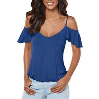 Goddessvan Womens V Collar Off Shoulder Chiffon Shirt Ruffles Back Split Spaghetti Strap T-Shirt (M, Blue)