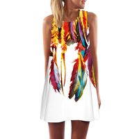 Chaofanjiancai_Dress Women's Feather Print Sleeveless Mini Dress Summer Casual Boho Dress Party Cocktail Dress (2XL, White04)