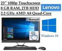 2016 Lenovo Premium 23" Full HD 1920 x 1080 Touchscreen All-In-One Desktop PC, Quad-Core AMD A8-7410 2.2 GHz, 8GB RAM, 2TB 7200RPM HDD, DVD, Webcam, HDMI, Bluetooth, 802.11ac WiFi, Windows 10