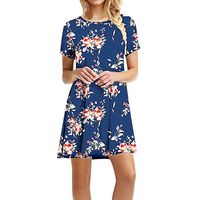 Rexinte Women's Short Sleeve Dress Pleated Loose Swing Casual Knee Length Boho Sunflower Print Dresses(Blue,S