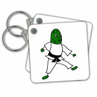 3dRose Funny Pickle Doing Karate Cartoon - Key Chains, 2.25" x 2.25", Set of 2 (kc_233045_1)