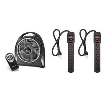 Holmes 12-Inch Fan | Blizzard Rotating Fan with Remote Control, Black & AmazonBasics 6-Outlet Surge Protector Power Strip 2-Pack, 2-Foot Long Cord, 200 Joule - Black