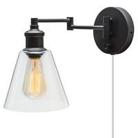 Globe Electric LeClair 1-Light Plug-In or Hardwire Industrial Wall Sconce, Dark Bronze Finish, On/Off Rotary Switch, 6ft Clear Cord, Clear Glass Shade 65311