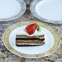 Tableclothsfactory 50 Pcs - White with Gold Trimmed 7.5" Round Disposable Plastic Plate - Picturesque Collection