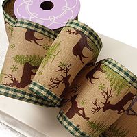Natural Christmas Deer W/Green Gingham Edge - 4 Inches by 10 Yards