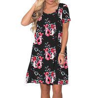 Women's Summer Casual Short Sleeve Floral Printed Swing Dress Sundress with Pockets Casual Loose Mini Dress Black