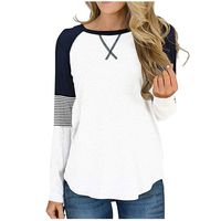 Briskorry Women's Color Block Patchwork Pullover Round Neck Tunic Tops Casual Long Sleeve Loose Shirt Blouse White