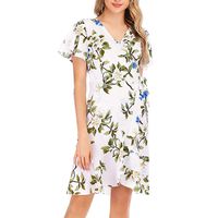 Rexinte Women's Summer Wrap V Neck Bohemian Floral Print Ruffle Swing A Line Beach Mini Dress(White,2XL