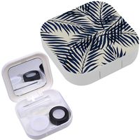 Portable Contact Lens Case Box Travel Kit Mirror + Bottle + Tweezers Container Holder [ Dark Palm Tree Leaves On ]