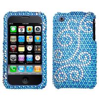 Blue Silver Swirl Full Diamond Snap on Design Case Hard Case Skin Cover Faceplate for Apple Iphone 3g 3gs + Screen Protector Film