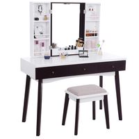 BEWISHOME Vanity Set with Mirror, Cushioned Stool, Storage Shelves, Makeup Organizer, 3 Drawers White Makeup Vanity Desk Dressing Table FST05W