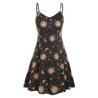 Women's Plus Size Dresses Casual Mini Dress Sleeveless Sun Moon Star Print Swing Beach Sling Dress Black