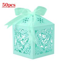 Lucky Monet 25/50/100PCS Love Heart Laser Cut Wedding Candy Gift Box Chocolate Box for Wedding Favor Birthday Party Bridal Shower with Ribbon (50pcs, Tiffany Blue)