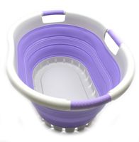 SAMMART Collapsible Plastic Laundry Basket - Foldable Pop Up Storage Container/Organizer - Space Saving Hamper/Basket (3 Handled Oval, Grey/Purple)
