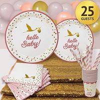 Pink and Gold Baby Shower Plates and Napkins for Girl Party Supplies with Stork Design Set Includes Pink and Gold Paper Plates Cups Straws Napkins Balloons Table Runner for 25 Guests