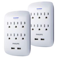 Philips Surge Protector, 2 Pack, 6 Outlet, 2 USB Ports, 900 Joules, Wall Adapter, Extender, Charges Smartphones, White, SPP6266WB/37