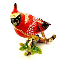 Cardinal Bird on Branch Trinket Box, Clear Swarovski Crystal, Hand Painted Enamel Red & Black Over Pewter, L 2.50 x H 4.00 x W 2.25