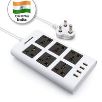 Maximm Surge Protector Flat Power Strip 6 Universal Outlets with 4 USB Ports, Desktop Charging Station, 4000W/10-16A Multiplug (6.5ft, White) w/India (Type D) Plug