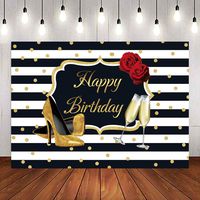 RUINI Gold Sequin White and Black Stripe Backdrop Gold Sequin High Heels Champagne Adult Woman Red Rose Happy Birthday Party Banner 7x5FT