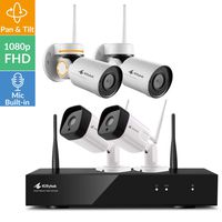 Pan Tilt & Audio | Kittyhok Wireless Security Camera System, 8-Cam H.265+ Base, 2 WiFi PT Security Camera & 2 WiFi Bullet Cameras, Indoor/Out, Easy View On iPhone & Android, Expandable No HDD Version