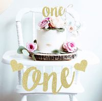 Mini Things 1st First Birthday Decoration Set One High Chair Banner and One Cake Topper (Gold)