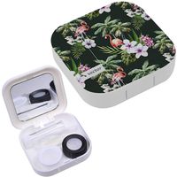 Portable Contact Lens Case Box Travel Kit Mirror + Bottle + Tweezers Container Holder [ Watercolor Tropical Palm Flamingos ]
