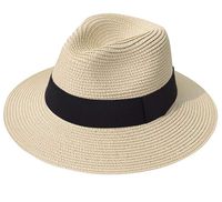 Lanzom Women Wide Brim Straw Panama Roll up Hat Fedora Beach Sun Hat UPF50+ (A-Khaki 1)