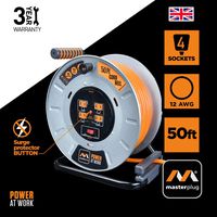 Masterplug Heavy Duty Metal Cord Reel with 4-120V 15amp Integrated Outlets and 12 Gauge High Visibility Cord (50ft)