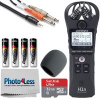 Zoom H1n Portable Digital Recorder + Mic Windscreen +3.5 mm TRS to Dual 1/4 TS Cable + 32GB microSDHC Card + AAA Batteries (Black)