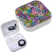 Portable Contact Lens Case Box Travel Kit Mirror + Bottle + Tweezers Container Holder [ Cartoon Doodles On ]
