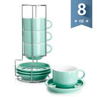 Sweese 406.109 Porcelain Stackable Cappuccino Cups with Saucers and Metal Stand - 8 Ounce for Specialty Coffee Drinks, Cappuccino, Latte, Americano and Tea - Set of 4, Mint Green