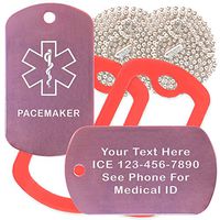 Custom 2 Pack - Pacemaker Medical Alert ID Necklaces with Pink Custom Tags, Red Silencers, and 30'' USA Chains