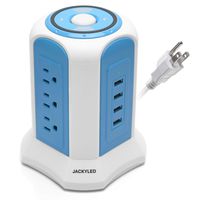 Power Strip Tower Surge Protector - JACKYLED 4.5A 4 USB 9 Outlet Electrical Charging Station Tower 10ft Heavy Duty Long Extension Cord Universal Socket for Laptop Phone Desktop - White Blue