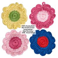Dish Scrubber(4 PK - Mix) Tough on Grease/Dries Fast/No Mildew Odor Smell/Sponge/Dishcloths.100% Handcrafted Crocheted Scrubbies, Scrubbers for Dishes, Washcloth, Dish Scrubber, Cleaning Scrubber