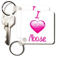 3dRose Pretty Pink Flowery I Love Moose - Key Chains, 2.25 x 4.5 inches, set of 2 (kc_121682_1)